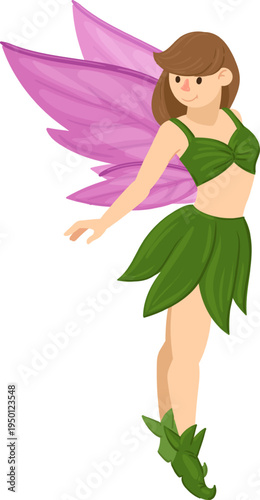 Fairy character flying with pink wings and green outfit