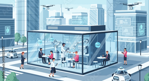 Futuristic city cafe with robotic baristas serving customers, autonomous vehicles, and delivery drones overhead.