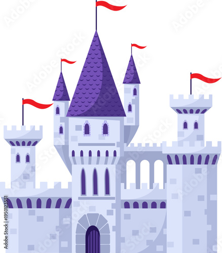 Fantasy castle illustration with purple roofs and red flags