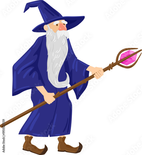 Wizard character holding magic staff with pink crystal