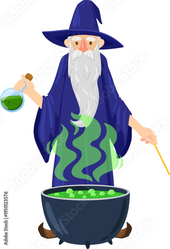 Wizard brewing magic potion in cauldron using a wand