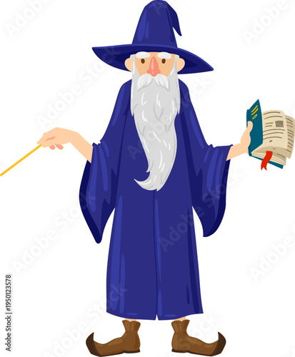 Wizard character holding magic wand and spell book