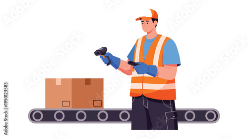 Inventory Scan: An illustration depicts a worker meticulously scanning a box on a conveyor belt, showcasing the precision and efficiency of modern logistics.