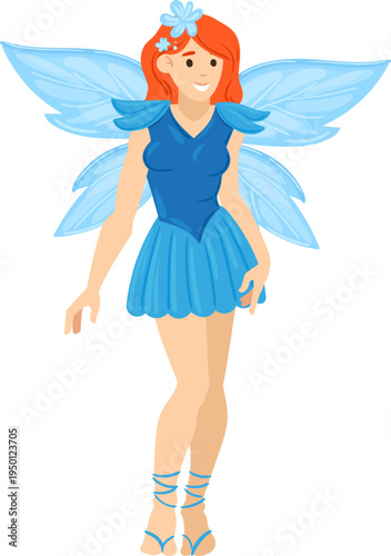 Smiling fairy character with blue wings and dress