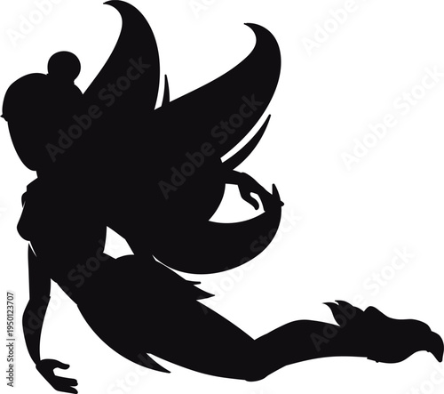 Flying fantasy fairy silhouette with large wings