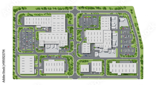 Aerial View of Industrial Park Layout with Buildings and Green Spaces.