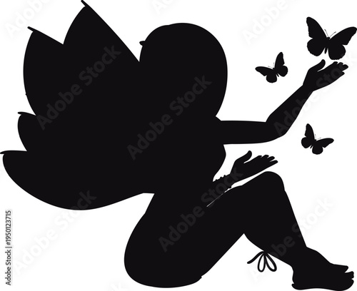 Fairy silhouette with butterflies flying around her hands