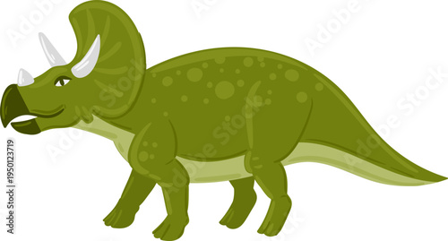 Green triceratops dinosaur standing, showing a side view