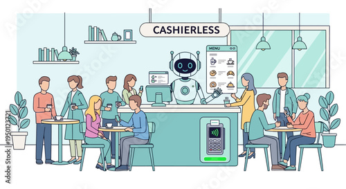 A modern, cashless cafe with a friendly robot barista serving customers, showcasing futuristic technology and efficient service.