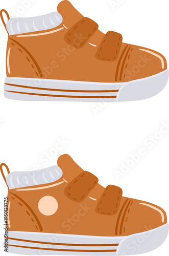 Pair of brown children's high top sneakers with velcro straps illustration