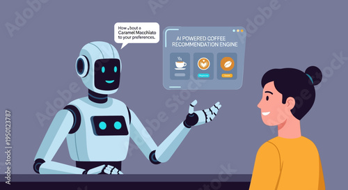 AI-powered coffee recommendation engine interacting with a customer to suggest personalized coffee drinks.