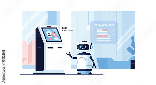 A friendly robot assists a person at a self-check-in kiosk in a modern, bright lobby with an occupancy status display.