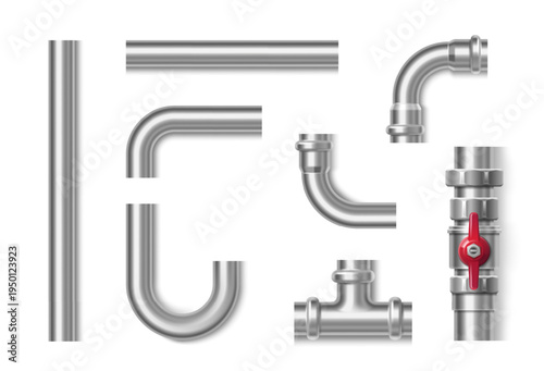 Industrial stainless steel metal pipeline with realistic red screw, bends and valves. 3D realistic vector set of plumbing tube system with chrome connections and brass fittings for water or gas flow