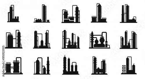 Silhouetted Industrial Plant and Refinery Structures Collection.