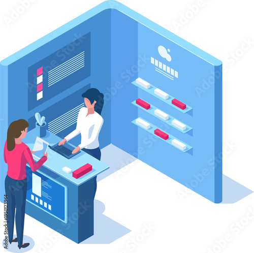 Store sales associate assisting customer at information desk