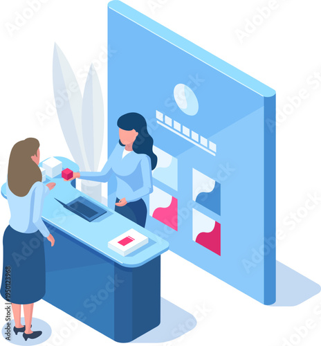 Customer service interaction discussing product isometric concept