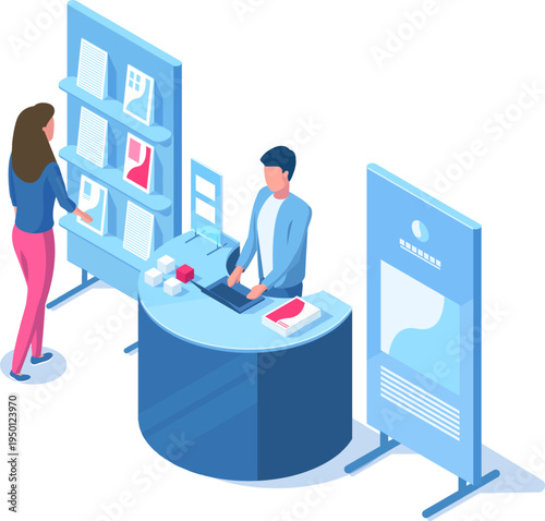 People interacting at information stand for marketing event