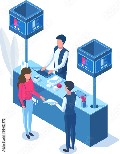 Customer service interaction at an information booth or stand