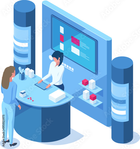 Booth and customer interacting at exhibition marketing event