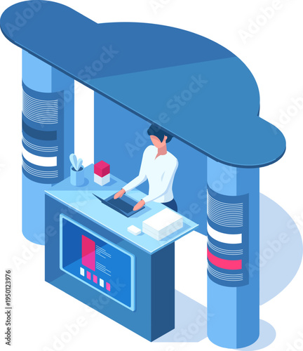 Person working at information booth isometric illustration