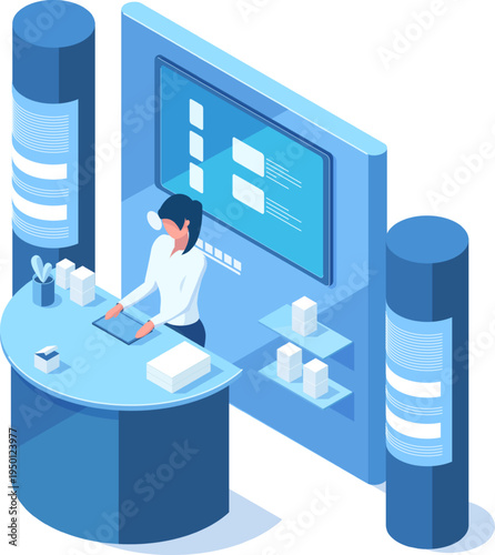 Woman presenting product information at technology exhibition booth