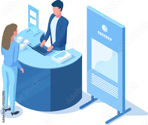 Customer receiving information at isometric exhibition reception desk
