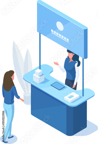 Woman providing customer service at information booth display