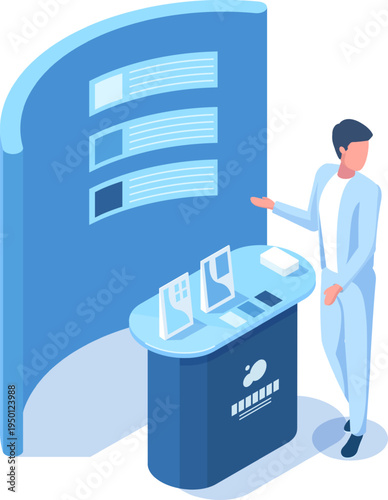 Person presenting at an isometric exhibition booth display