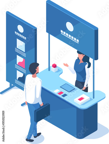 Business man checking in at exhibition booth