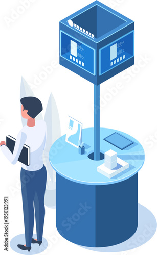 Woman interacting with digital information kiosk technology