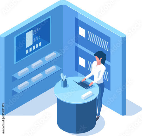 Woman providing customer service at information booth with technology