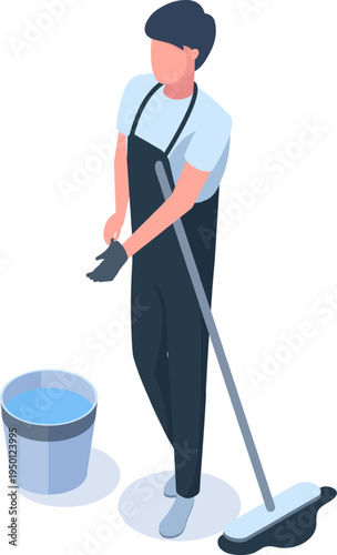 Person preparing for cleaning with mop and bucket