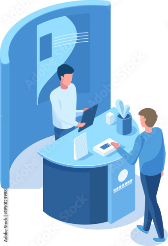 Client interacting with service desk clerk providing assistance
