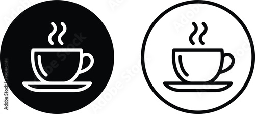 Black and white coffee cup icons on contrasting oval backgrounds