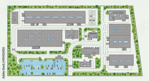 Detailed Industrial Park Layout with Buildings and Green Spaces.