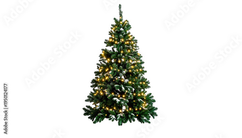 Decorated Christmas tree with yellow lights and snow isolated on a transparent background png
