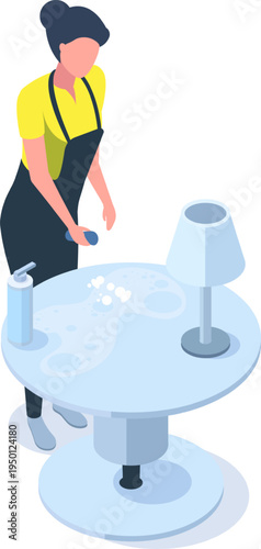 Woman cleaning table surface using disinfectant spray