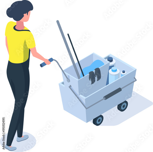 Woman pushing cleaning cart with supplies