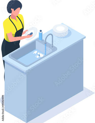 Woman wearing apron washing dishes in kitchen sink