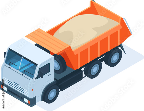 Construction dump truck transporting sand isometric illustration
