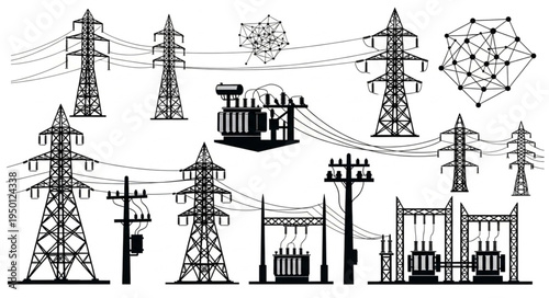 Silhouette of Power Grid Infrastructure - Towers, Transformers, and Substations.
