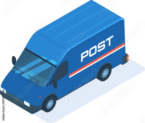 Isometric blue post delivery van distributing mail