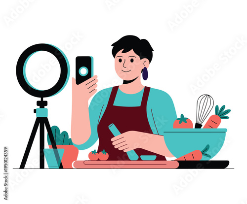 Content creator person filming cooking with ring light and ingredients.