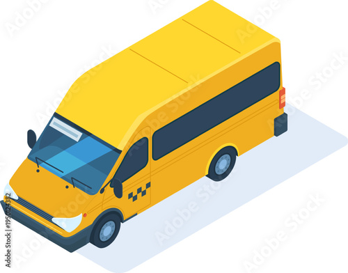Yellow isometric taxi van transporting passengers in city
