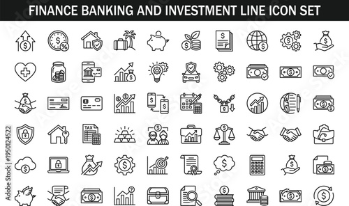 Finance banking and investment line icon set with money tax bank insurance payment profit growth chart business economy outline vector financial collection