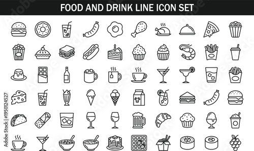 Food and drink line icon set with burger pizza donut coffee cocktail dessert fast food beverage restaurant menu outline vector collection