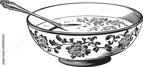 crisp black and white outline drawing of a warm bowl of soup, perfect for lunch and dinner designs