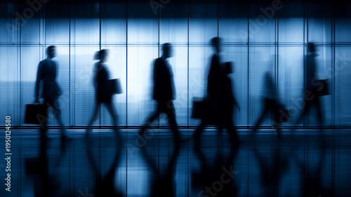 Blurred motion silhouettes of business people walking in a modern corporate building corridor with blue ambient light and reflections on the floor.