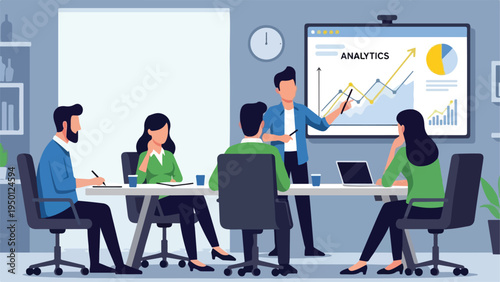 Illustration of a man presenting analytics on a graph to colleagues in a meeting room with laptops and a whiteboard in the background.