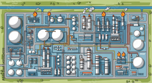 Detailed Illustration of an Industrial Oil Refinery Plant.